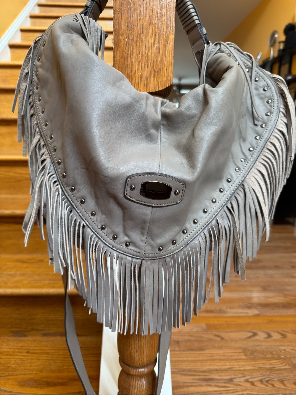Hype Fringe Leather Shoulder Bag in Taupe Gray